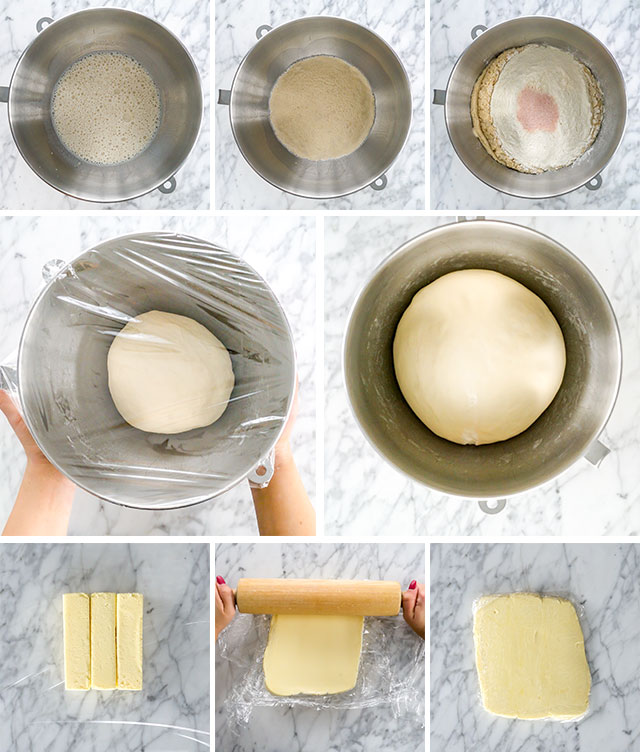 Process images of preparing the yeast, dough, and butter