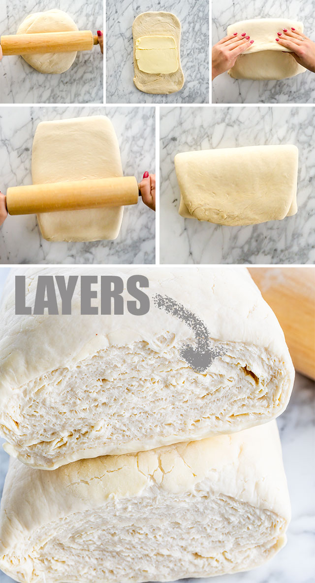 Process images of adding butter to the dough and rolling the dough for layers