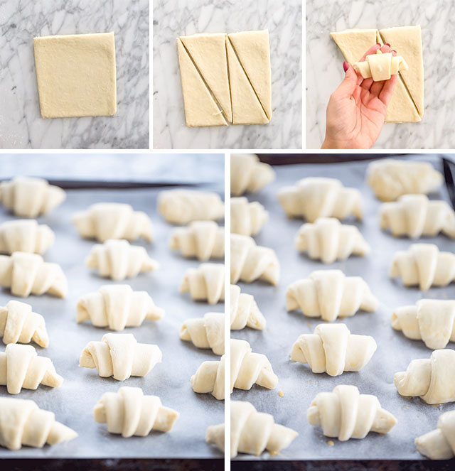 Process images of cutting dough into triangles and rolling into croissant shape